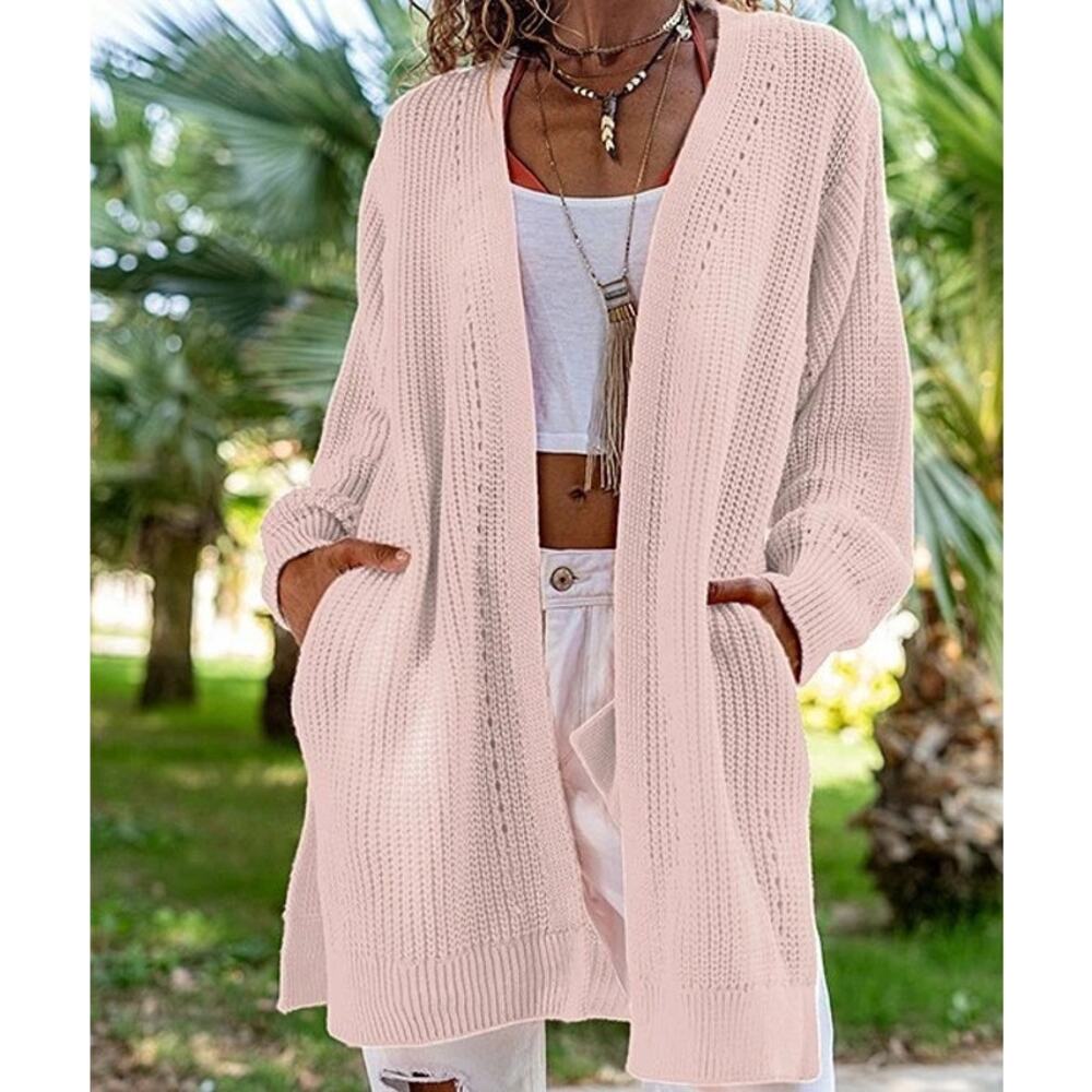 NEW CCK Style Wool-Blend Cardigan M/38 Pink Open Front Long Sleeve Pocket NWT